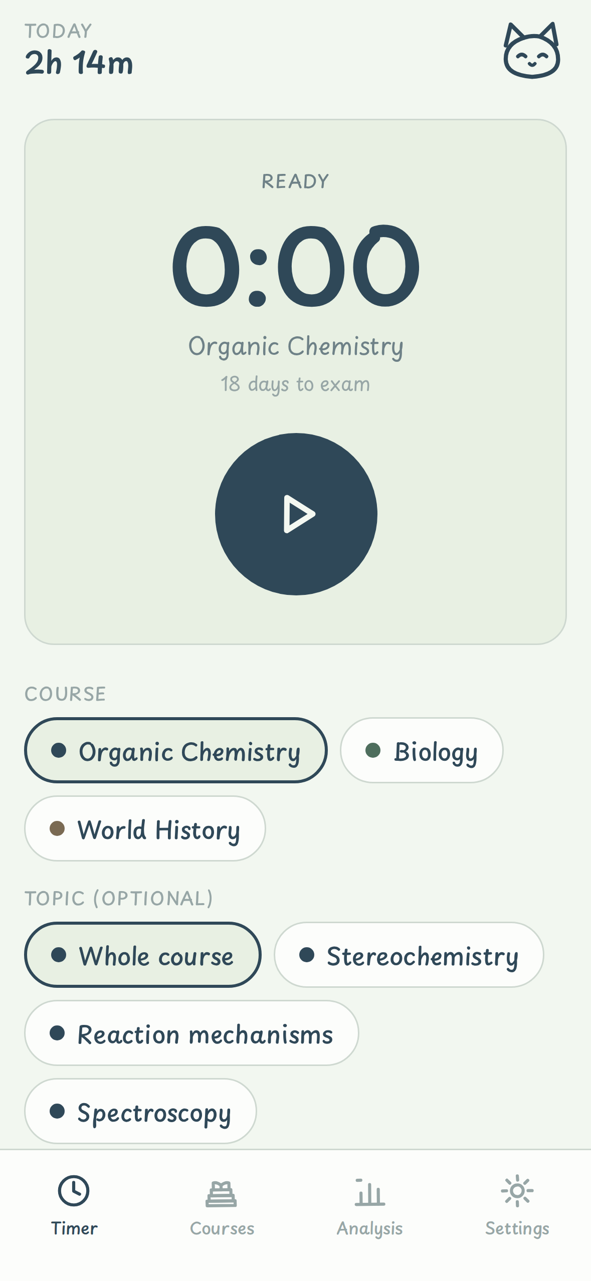 The Studiary timer, showing a session for Organic Chemistry with 18 days to the exam.